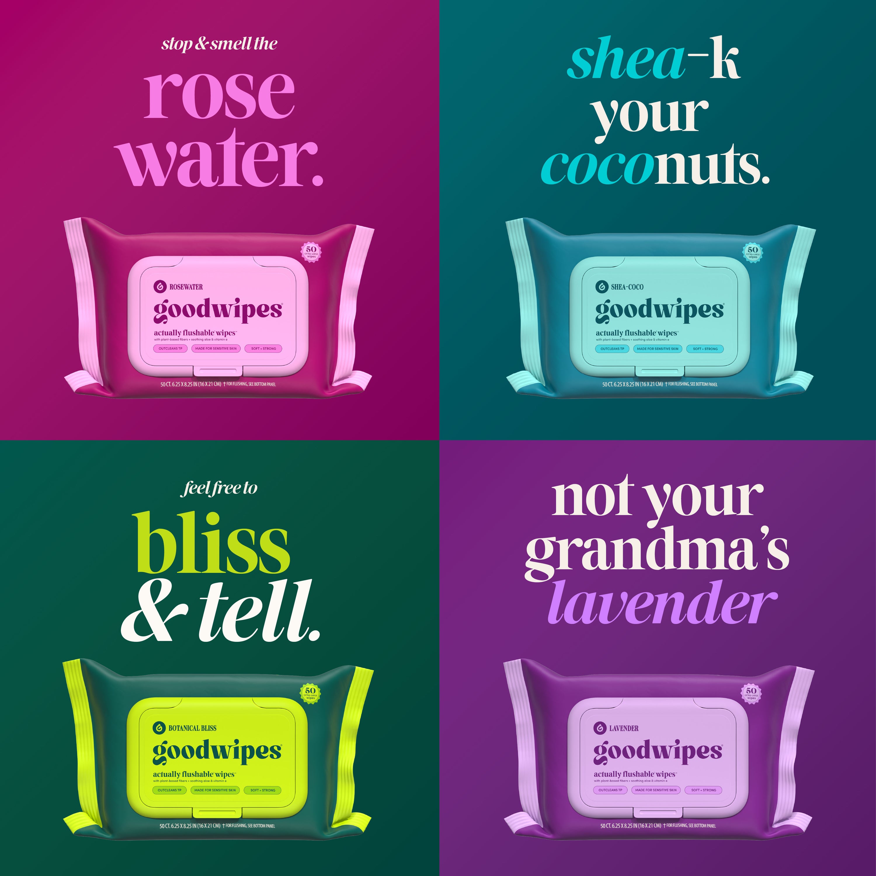 Four different packages of goodwipes with colorful backgrounds and text.
