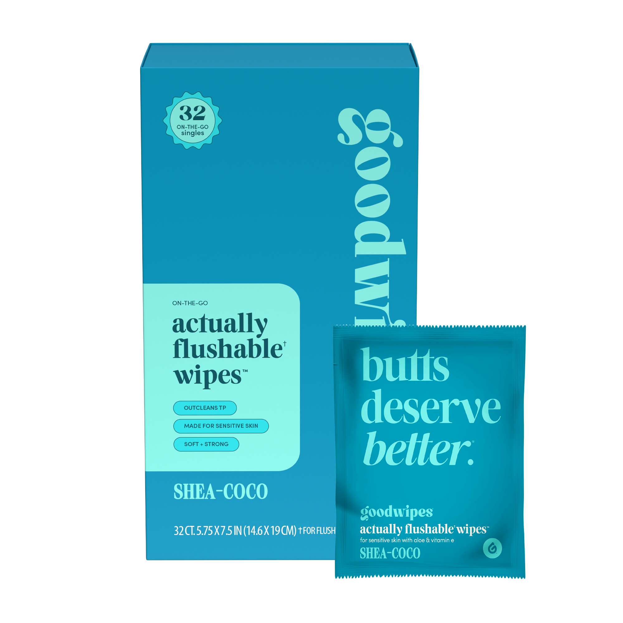 Goodwipes actually flushable wipes packaging with text on a white background