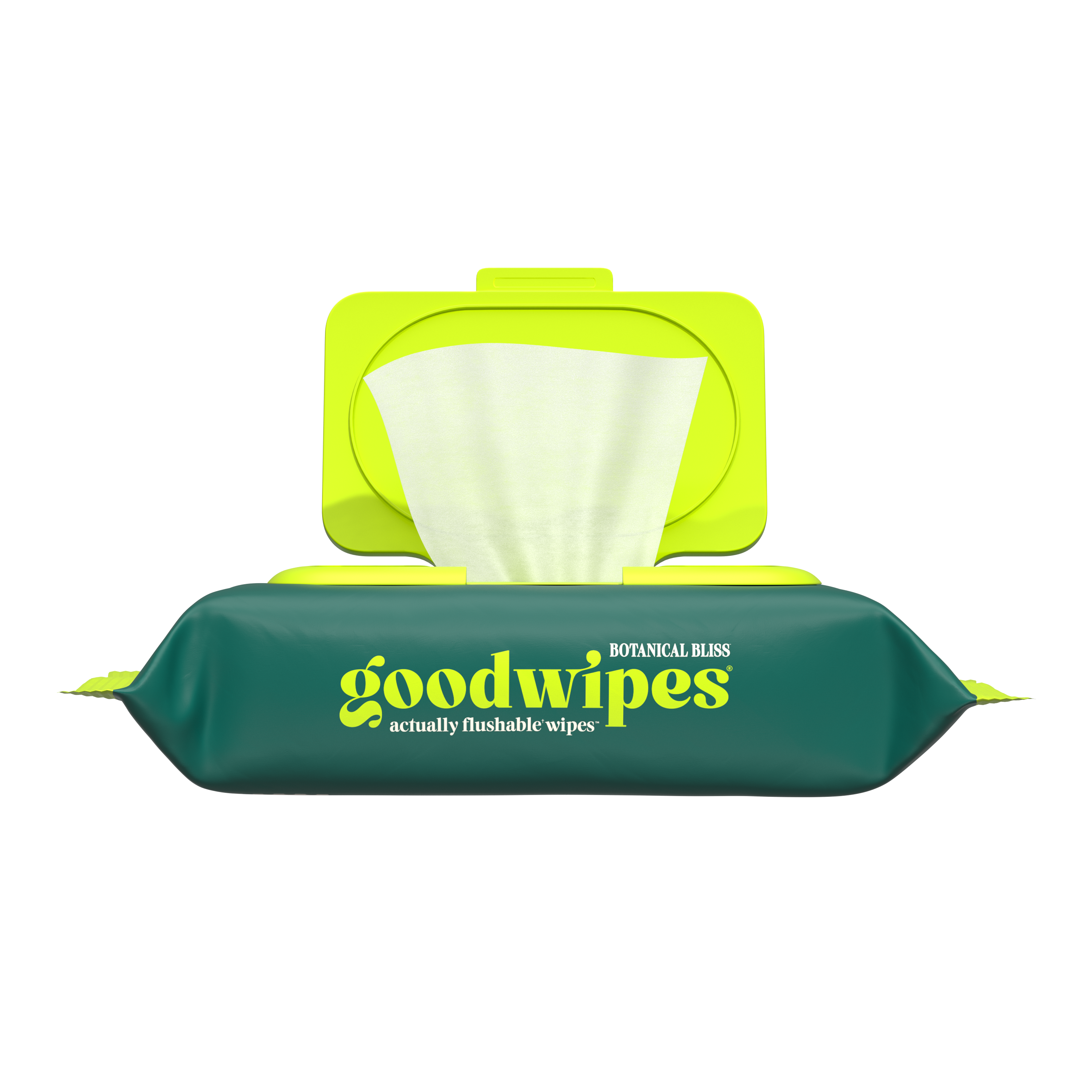 goodwipes packaging with green case and yellow lid on a white background