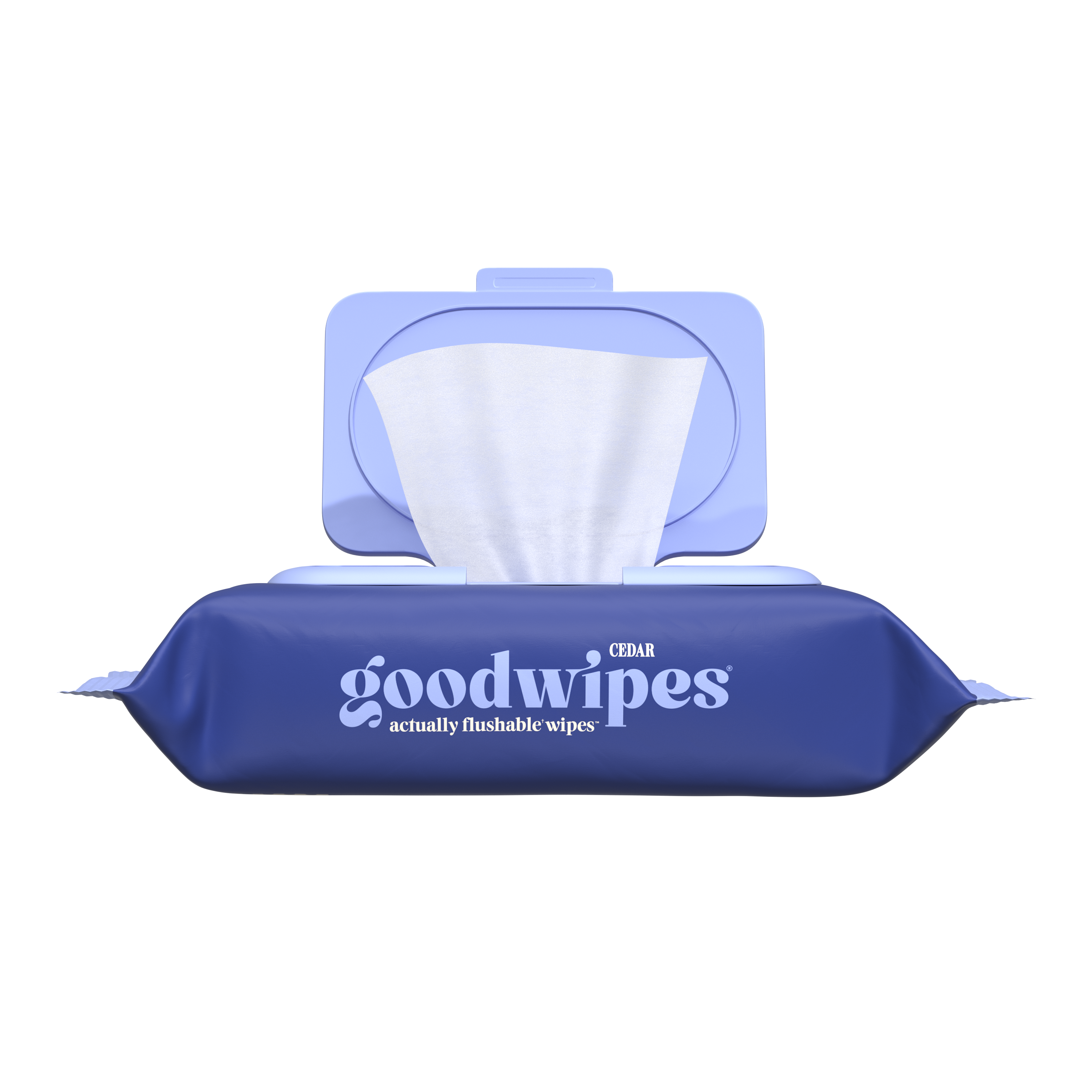 Goodwipes packaging with a blue lid open on a white background