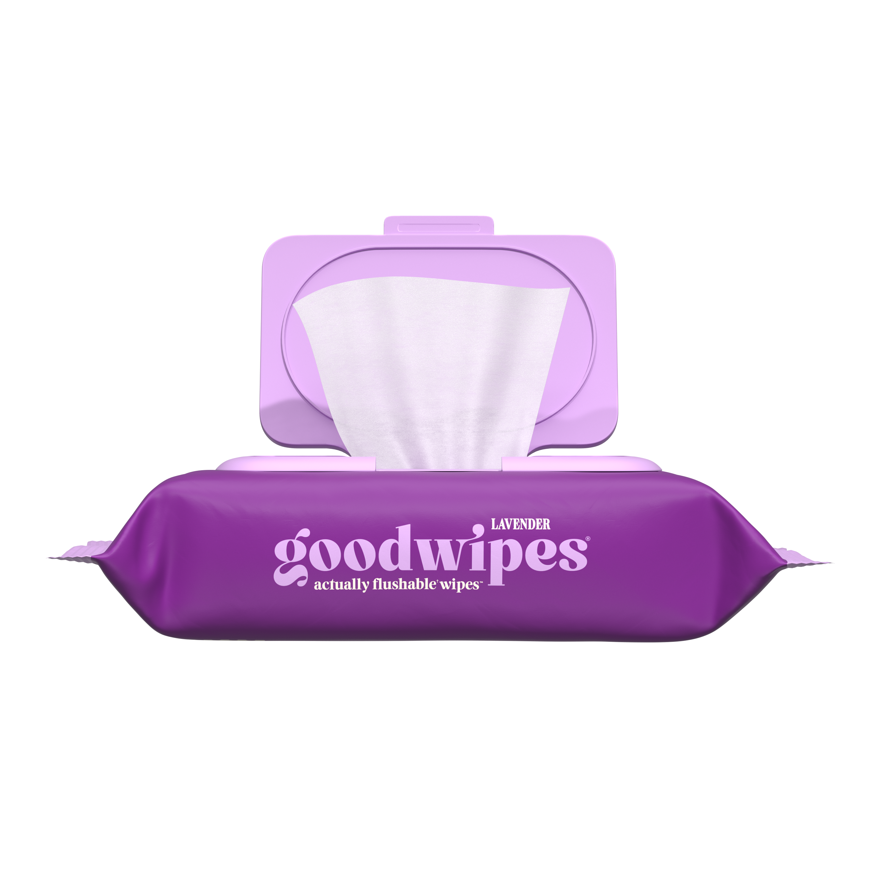 Purple package of 'goodwipes' lavender-flavored wipes on a white background