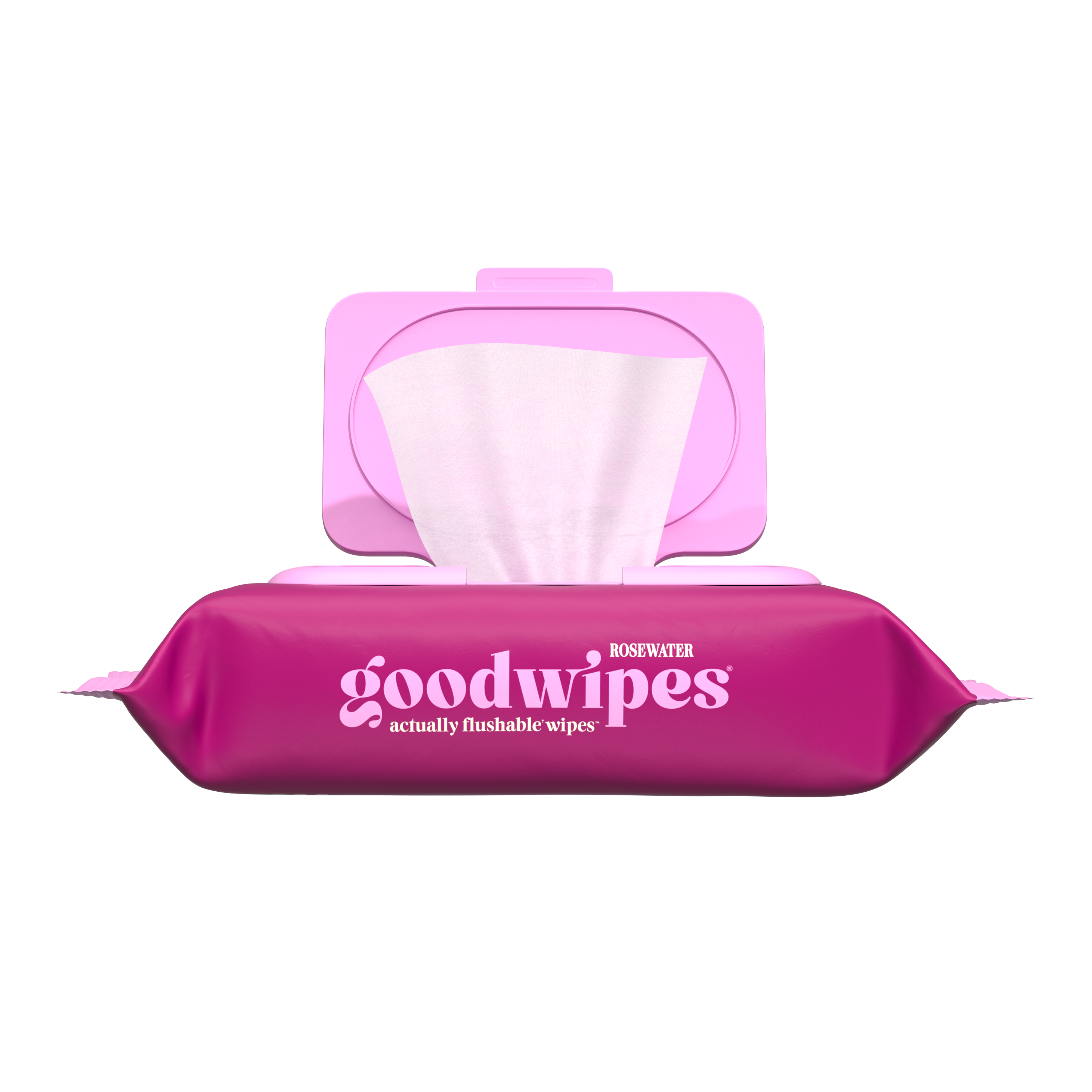 Pink package of 'goodwipes' with a white background
