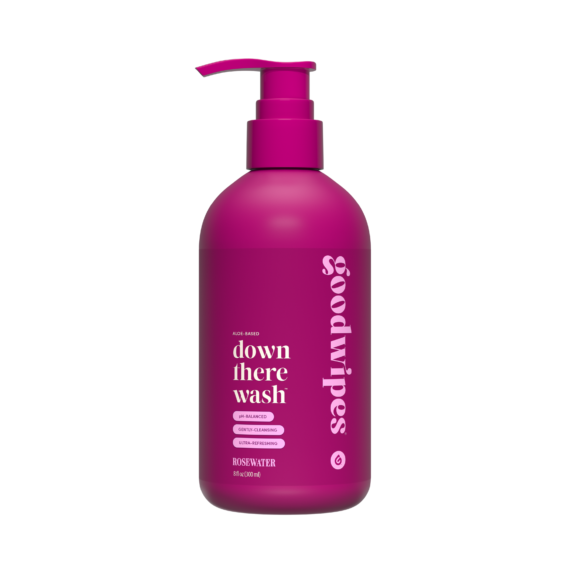 One bottles of 'goodwipes' rosewater down there wash on a white background

