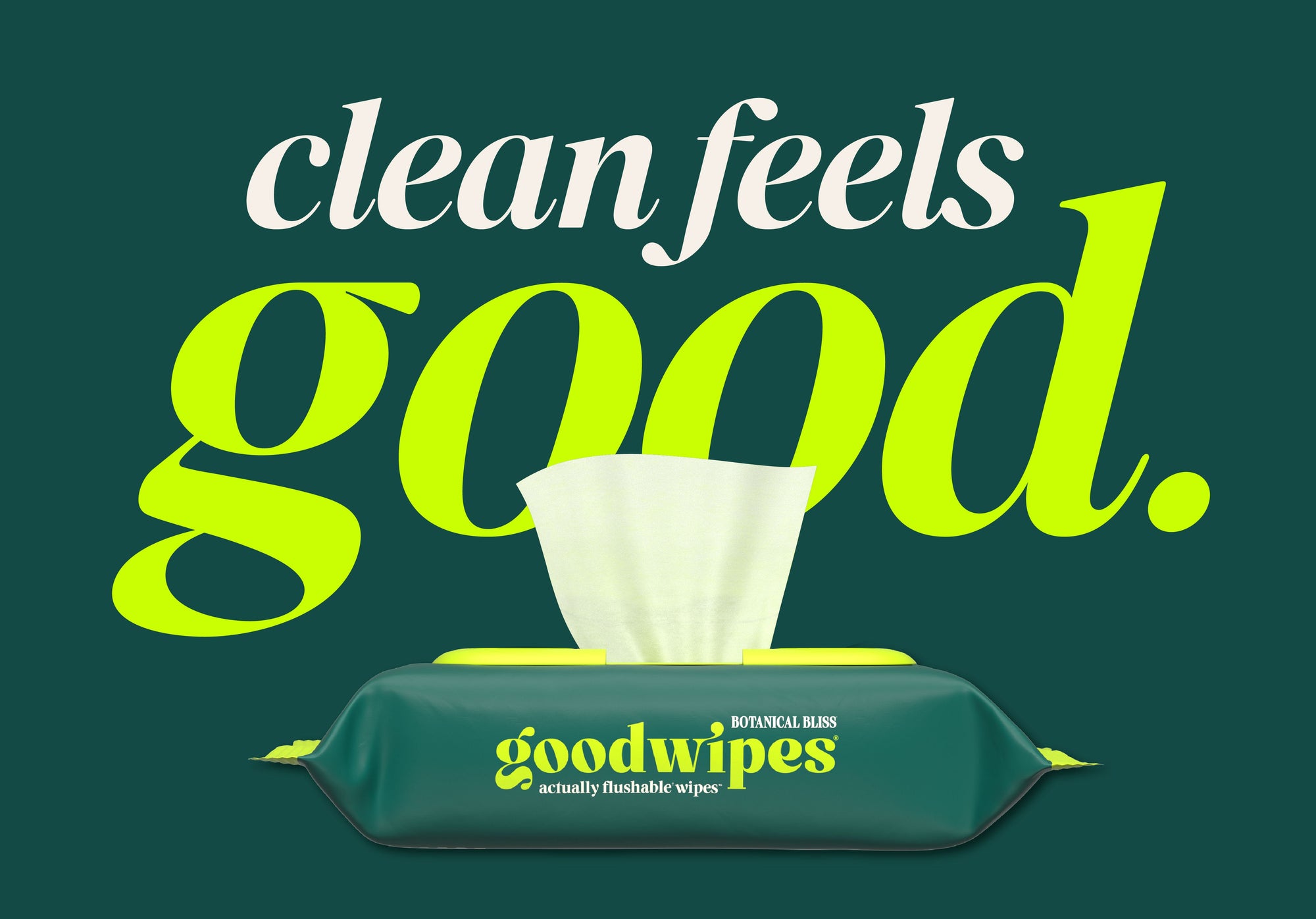 goodwipes packaging with text 'clean feels good' on a green background